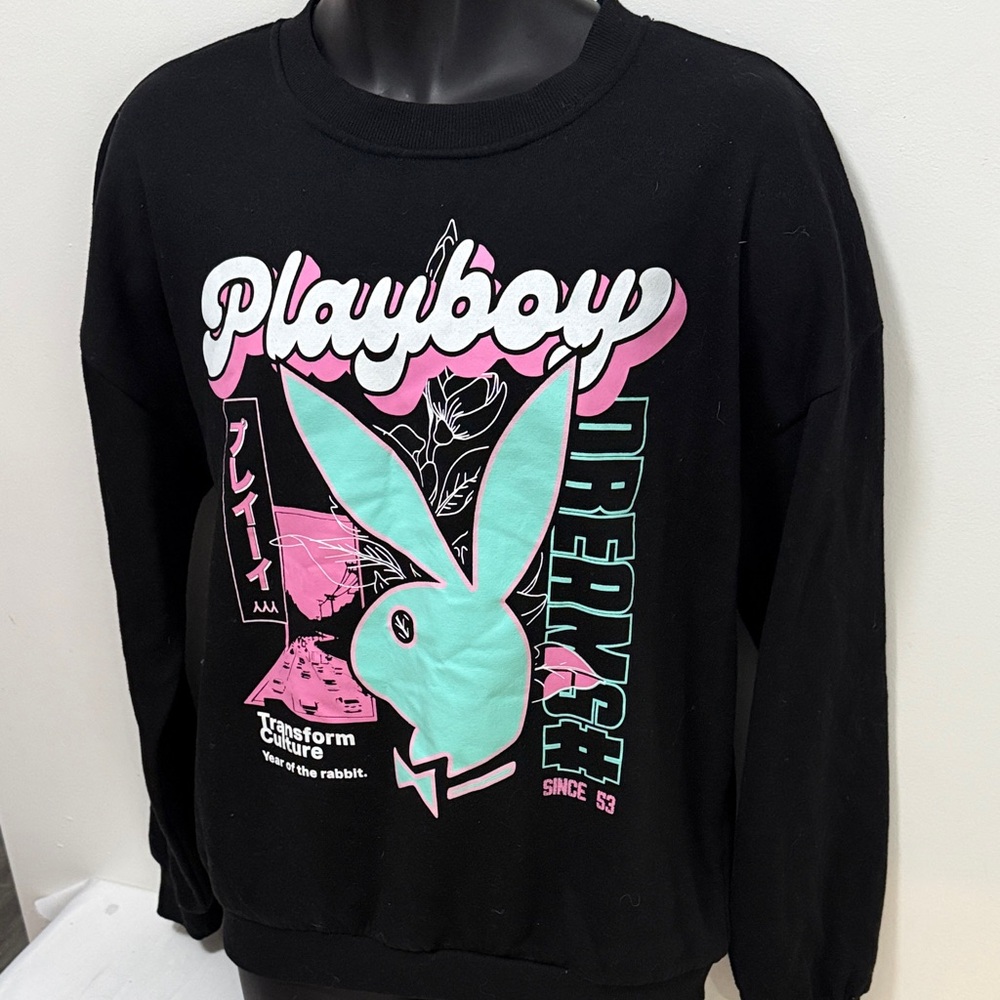 PLAYBOY Black Sweatshirt with Pink and Teal Graphic